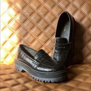 Black Croc-Embossed Platform Loafers